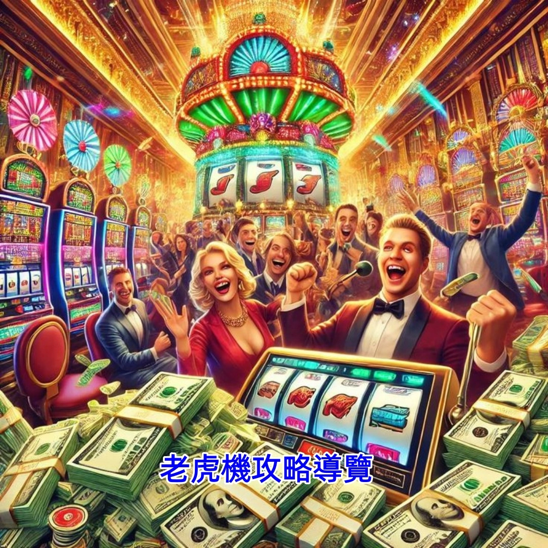 玩家在賭場運用老虎機攻略技巧,成功拉中連線(slot)中大獎的興奮畫面。機台前方堆滿了贏來的現金(美金),展現了爆分贏錢的終極快感。