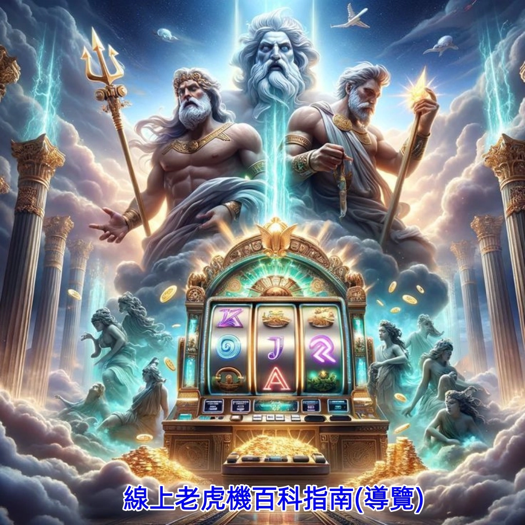 一張描繪古希臘神祇(宙斯、波賽頓)環繞老虎機(slot machine)的藝術圖,背景是奧林帕斯山,象徵線上老虎機百科指南中的神話與基礎知識。